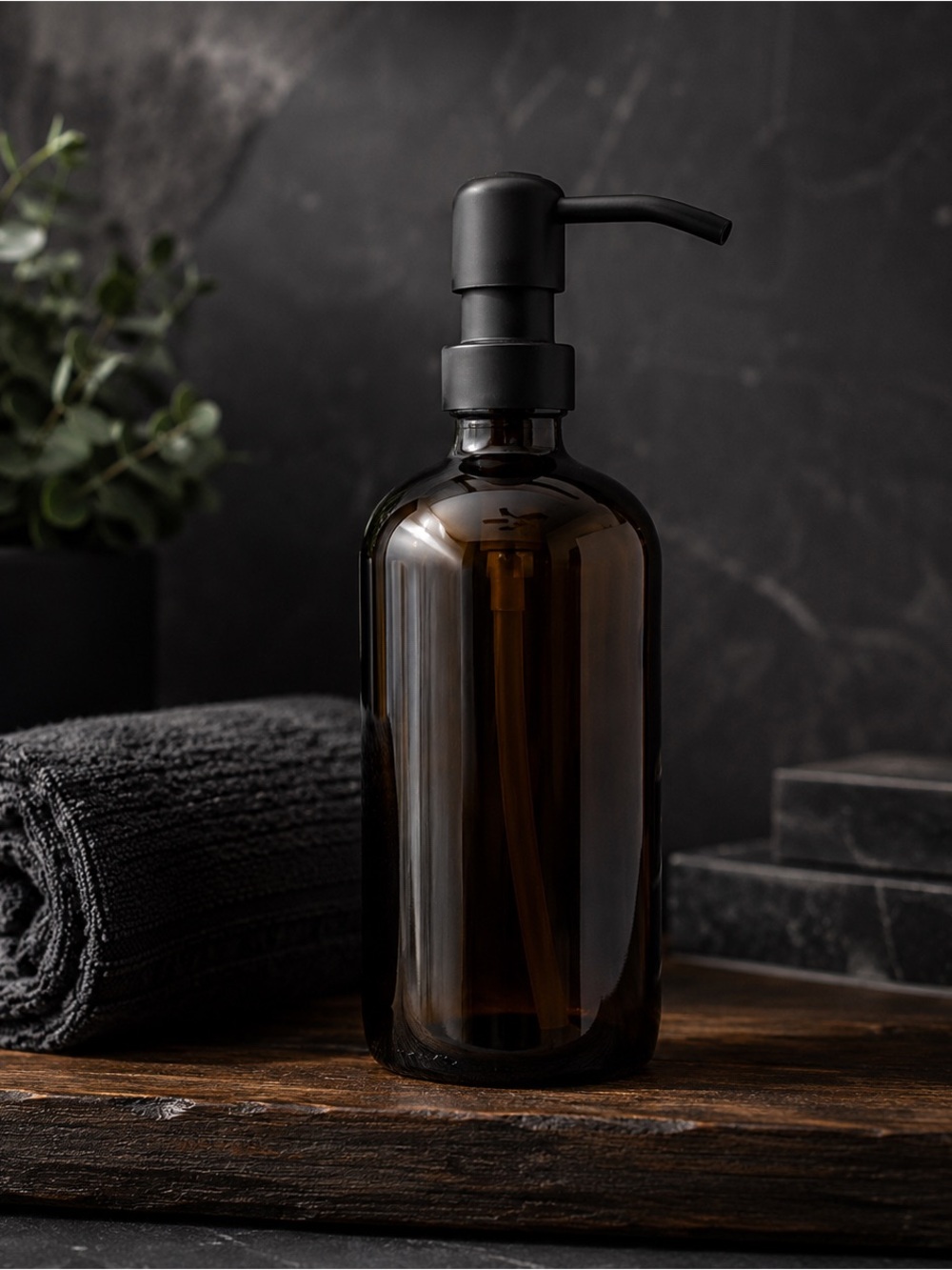 16 OZ. GLASS SOAP DISPENSER W/ METAL PUMP (AMBER GLASS/BLACK PUMP)